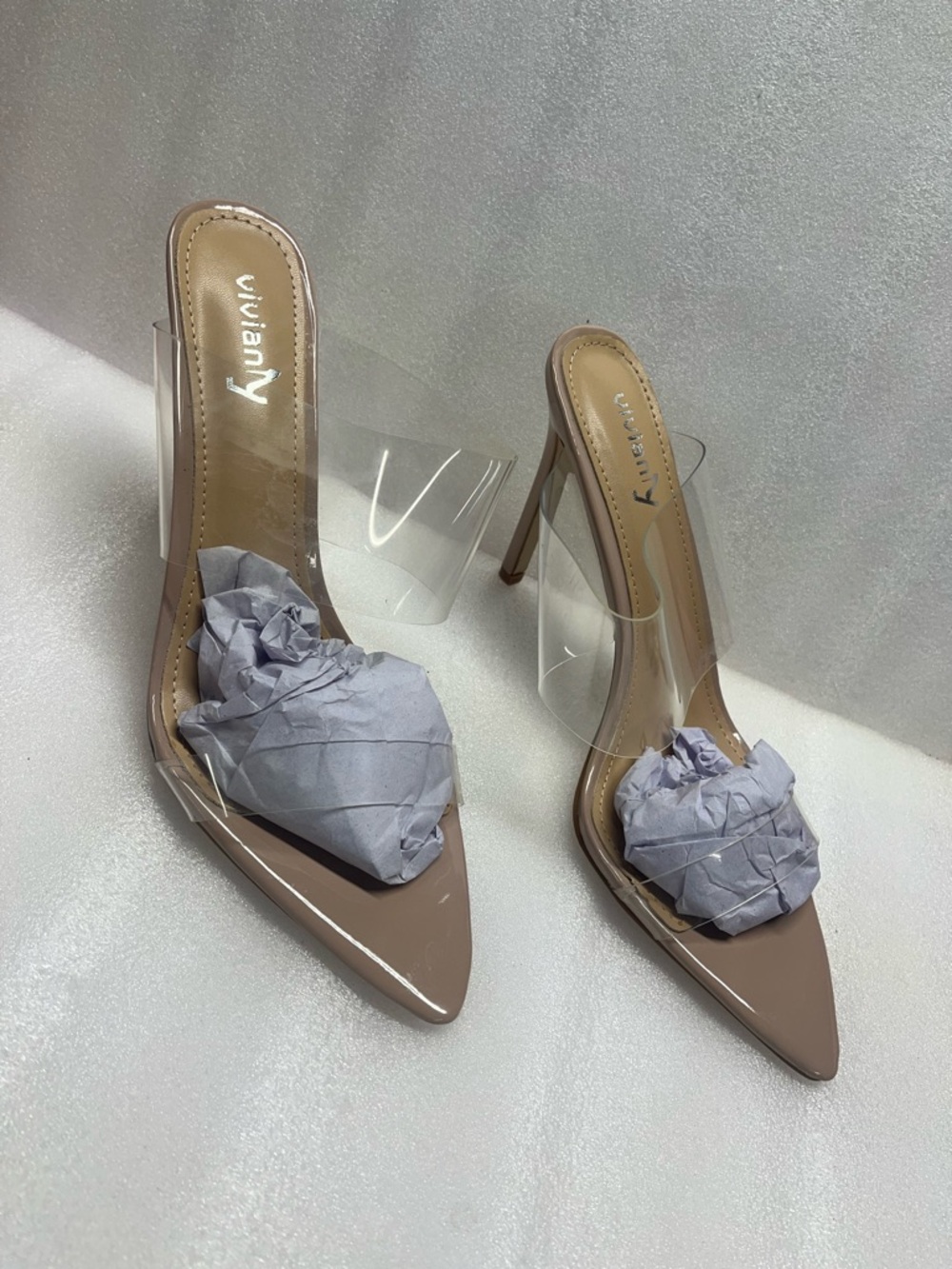 Vivianly Nude Patent Pointed Toe Clear Strap Heels
